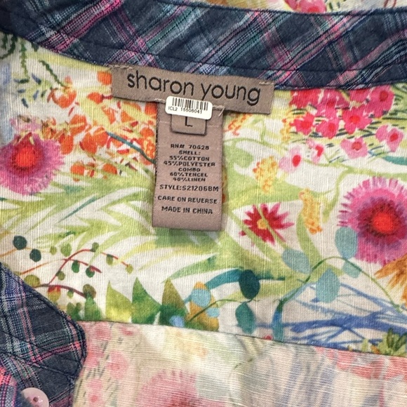 Sharon Young Blue and Pink Button Down Tunic with Mandarin Collar Tie Sleeves - Picture 10 of 10